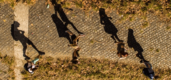 arial shot of students walking on street with shadows